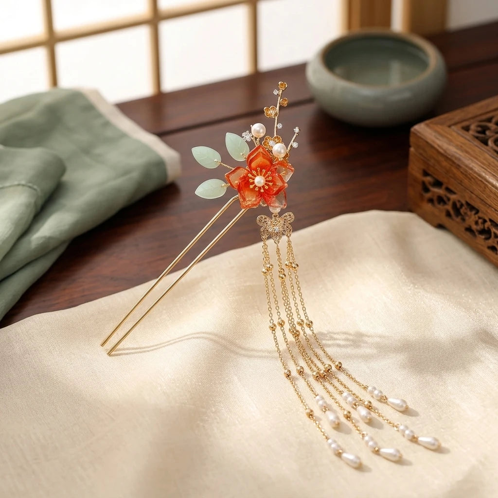 Crystal Hairpin for Hanfu Accessories Glass Beaded Tassel Headwear with Alloy Base Peaceful Pleasures Health and Wellness