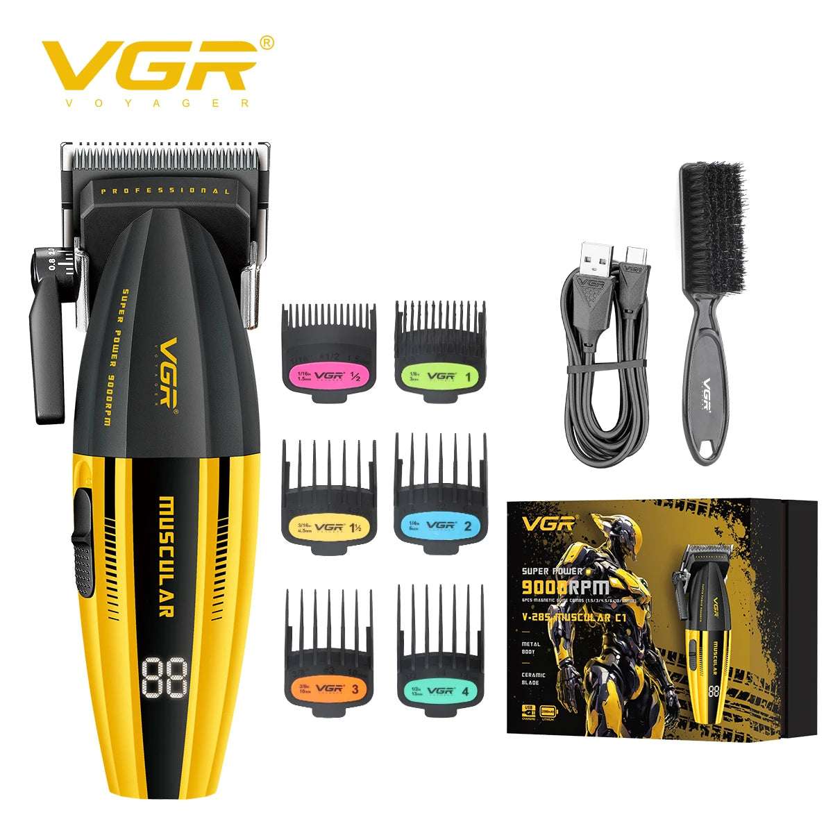 VGR high-end professional electric hair clipper alloy mecha themed electric push shear 9000 RPM LED digital hair clipper V-285 Peaceful Pleasures Health and Wellness USB 1