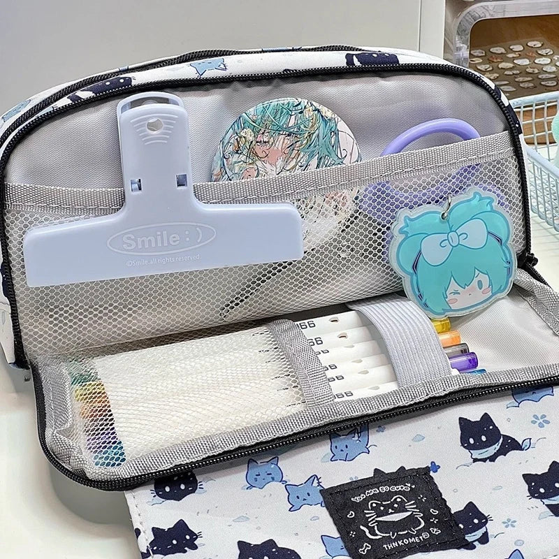 3-Layer Large Capacity Pencil Case – Cute Snow Cat Design