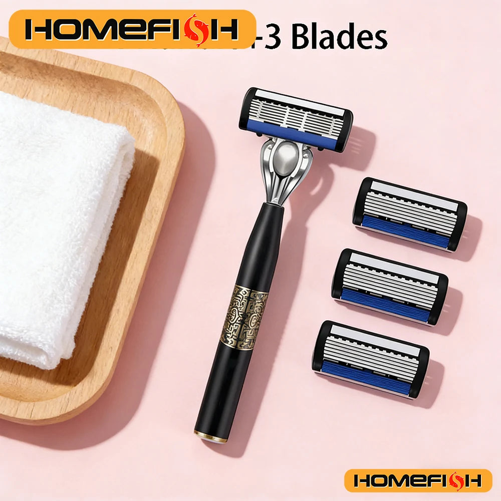 6-Layer Stainless Steel Manual Beard Razor with Guard & Holder