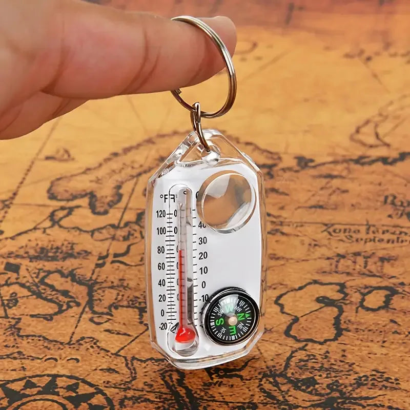 1 Keychain Compass Portable Mini Outdoor Thermometer Magnifying Glass
