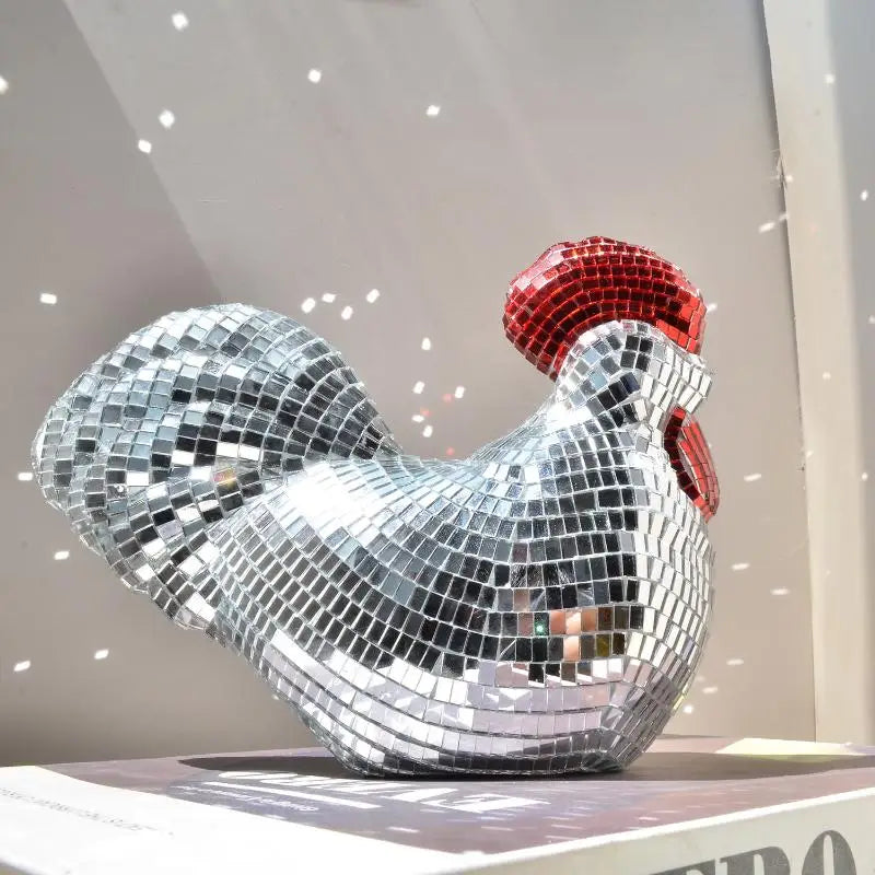 Disco Ball Mirror Rooster Sculpture | Home Decor & Party Ornament