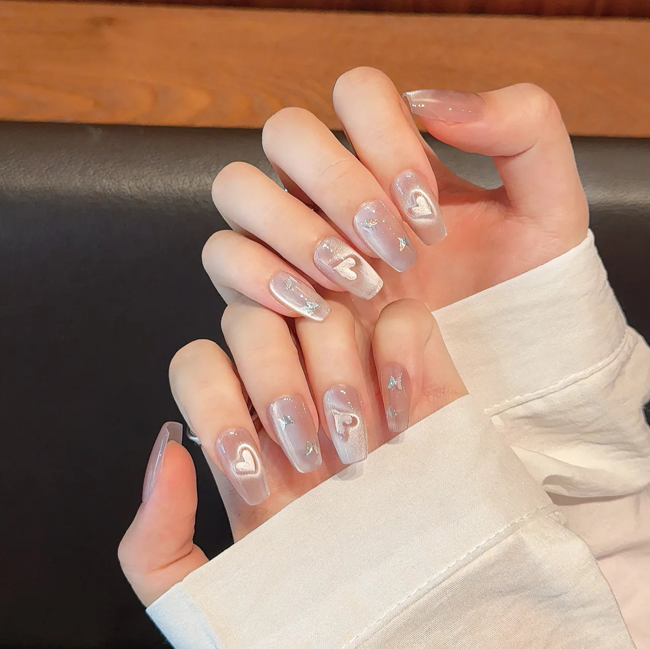 Sweet Pink Cat Eye Press-On Nails | Korean Oval Manicure Set