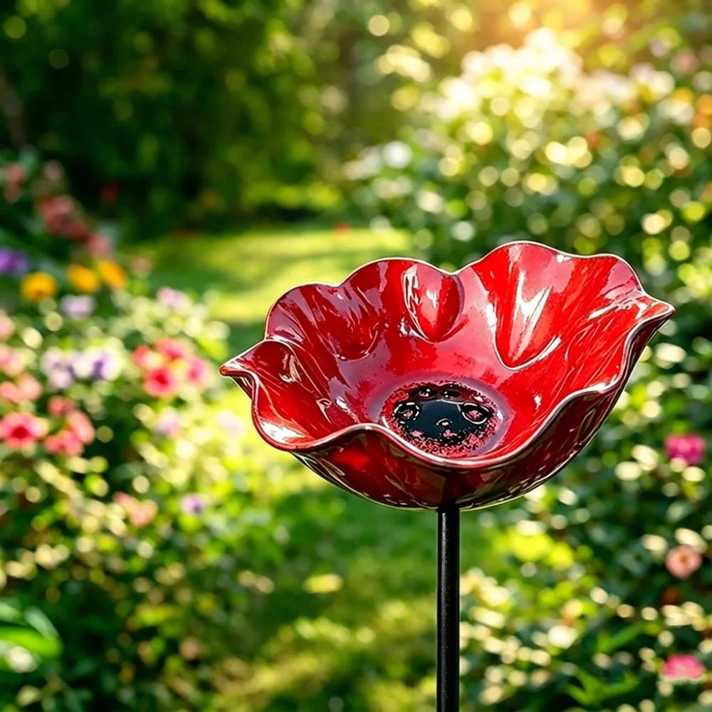 Handcrafted Metal Flower Garden Stake & Bird Bath | UV Resistant