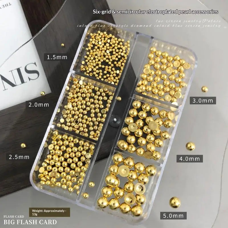 6-Grid Pearl Nail Charms Set – Gold & Silver Manicure Gems