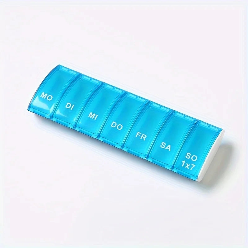 7Day Pill Organizers with Labeled Compartments Monday to Sunday Color-Coded for Travel And Daily Use Featuring a Vibrant Familie Peaceful Pleasures Health and Wellness blue