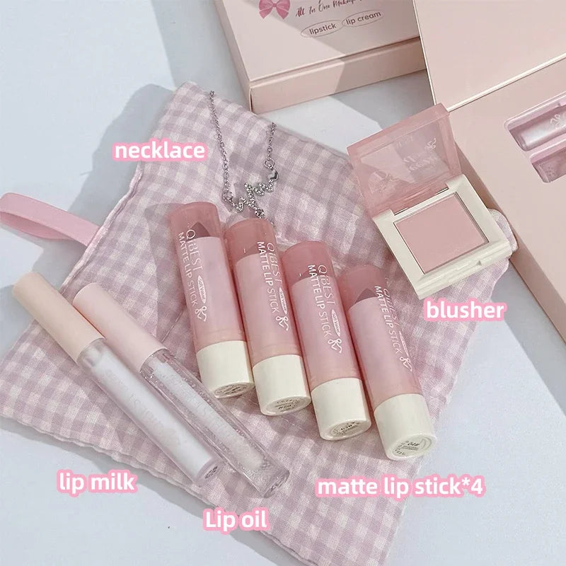 QIBEST Makeup Sets 4PCS Nude Liquid Lipstick,1 Lip Cream,1 Lip Oil,1 Face Blush Palette And Necklace Cosmetic Kits 7Pcs/Box Peaceful Pleasures Health and Wellness