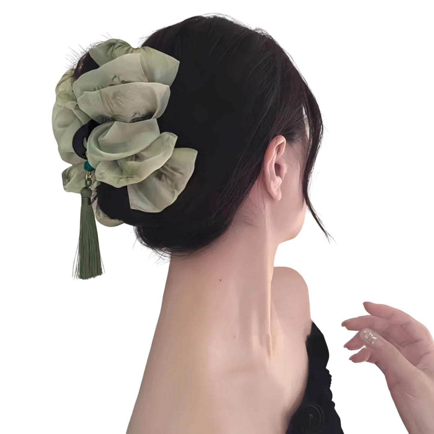 tassel cloud mesh grab clip new Chinese-style fashionable shark clip Retro travel hairpin Women Cheongsam Dress Hair Accessory Peaceful Pleasures Health and Wellness green