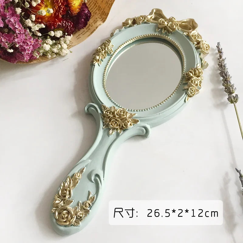 Cute Creative Vintage Hand Mirrors Makeup Vanity Mirror Handheld Cosmetic Mirror with Handle for Gifts Peaceful Pleasures Health and Wellness green