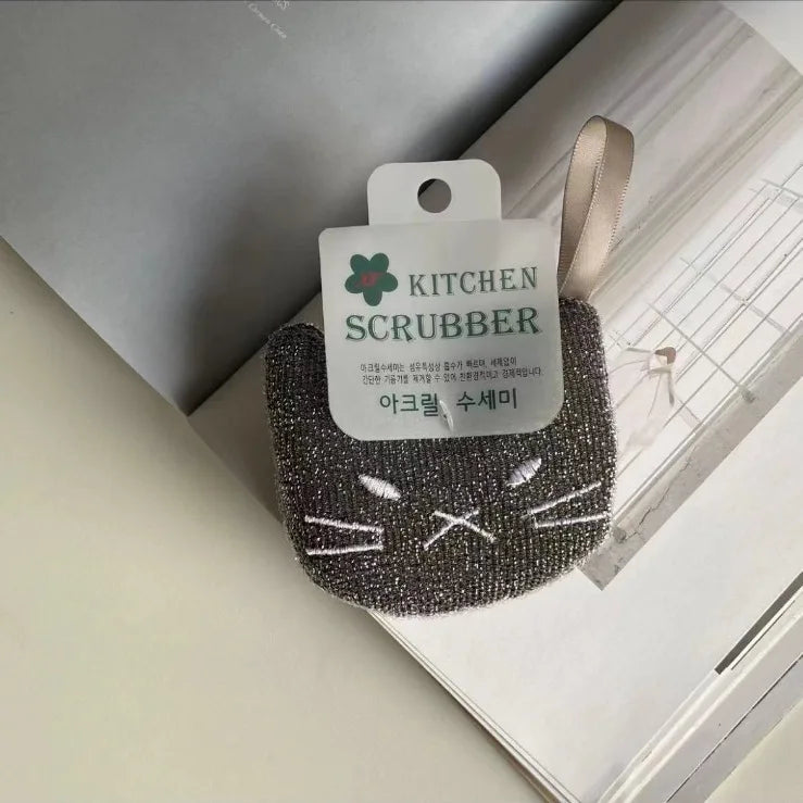 New Korean Style Cartoon Cat Kitchen Sponge Scouring Pad Set Thick Dishwashing Cloth Pot Brush Cleaning Wipe Rag for Household Peaceful Pleasures Health and Wellness black