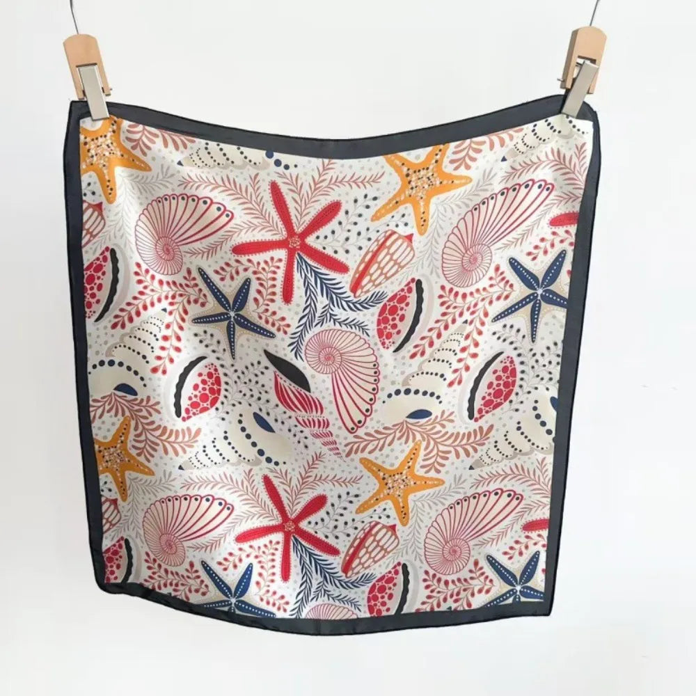 Y2K Starfish Shell Print Satin Square Scarf | 70x70cm Satin Square Scarf Peaceful Pleasures Health and Wellness Black