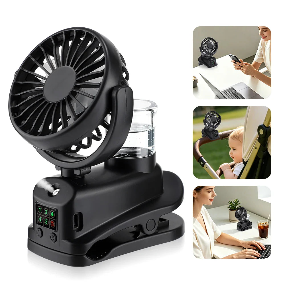 Clip-On Mist Fan USB Rechargeable 4-Speed LED | Desk Humidifier