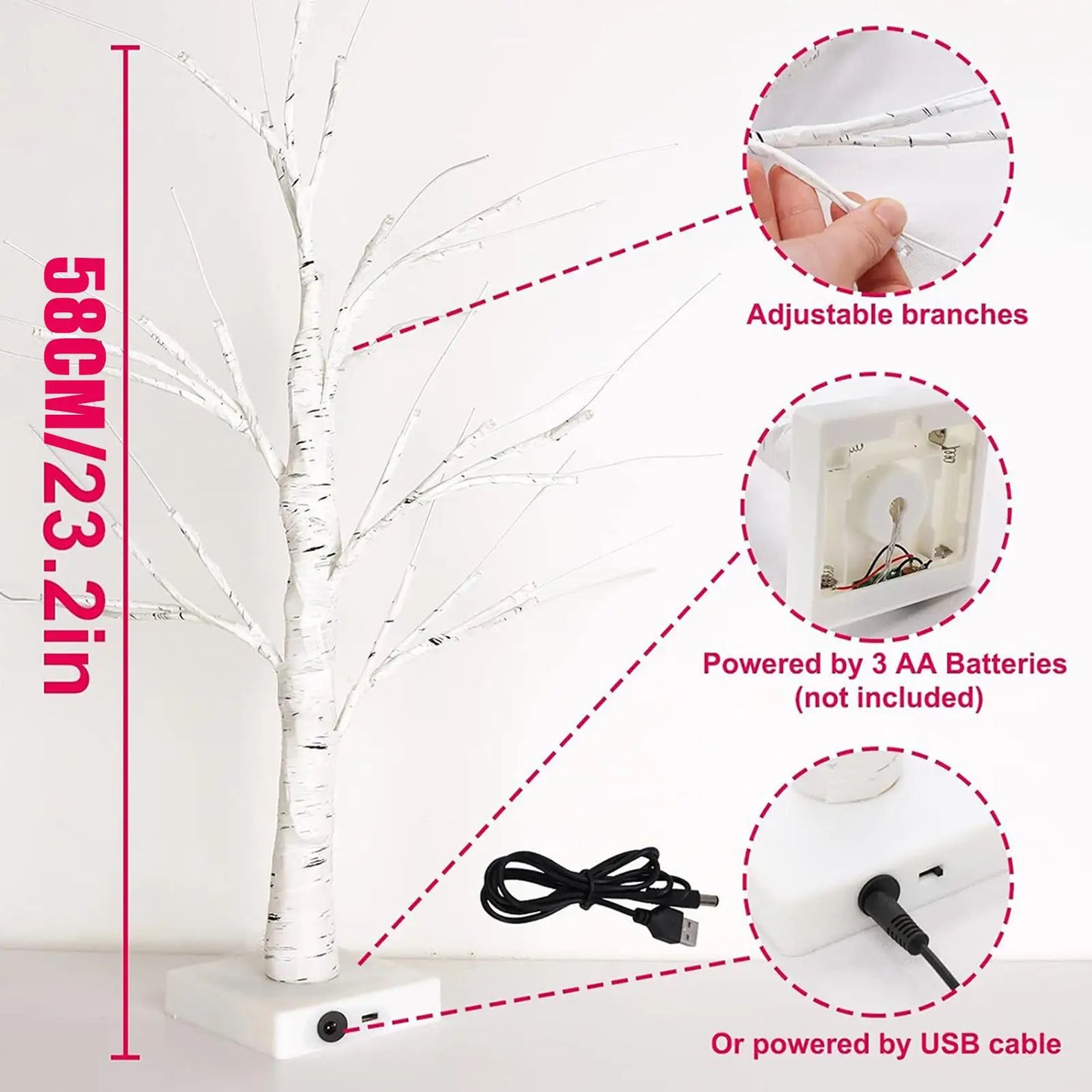 Lighted Birch Tree with 18 Heart Ornaments | Valentine's Decor