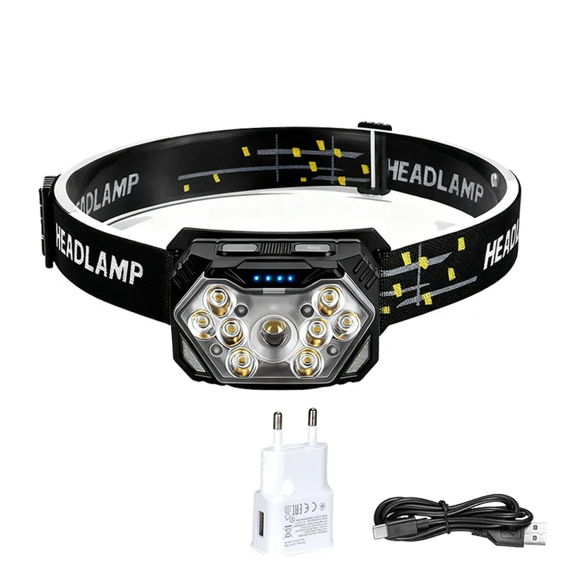 9 LED USB-C Rechargeable Headlamp | Motion Sensor & 6 Modes