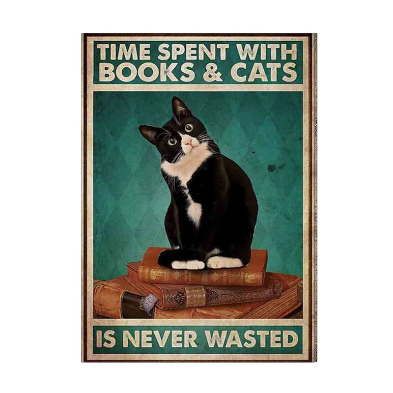 Funny Black Cat Coffee Canvas Wall Art | Retro Cat Poster