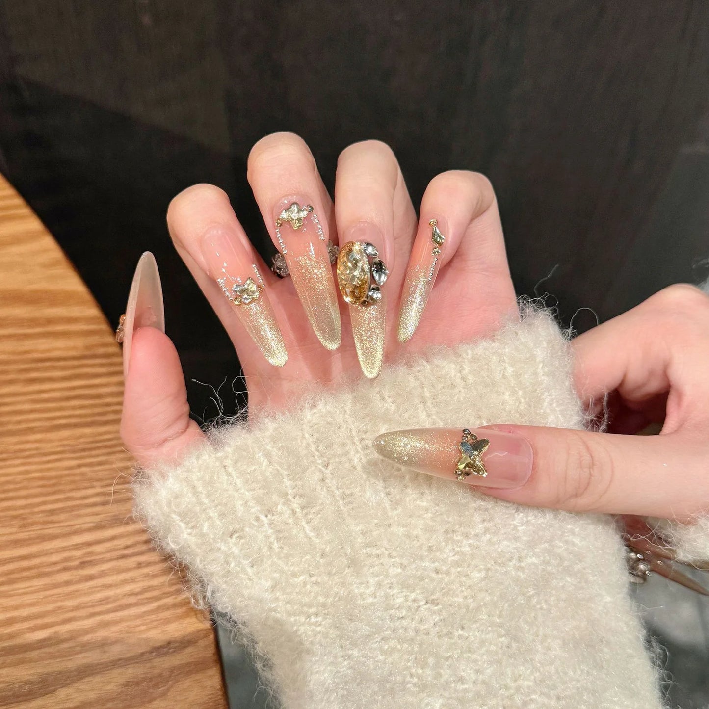 10PCS Handmade Press on Nails Champagne Zircon Diamond Almond Fake Nails Decor Wearable French Elegant Cat's Eye False Nails Art Peaceful Pleasures Health and Wellness