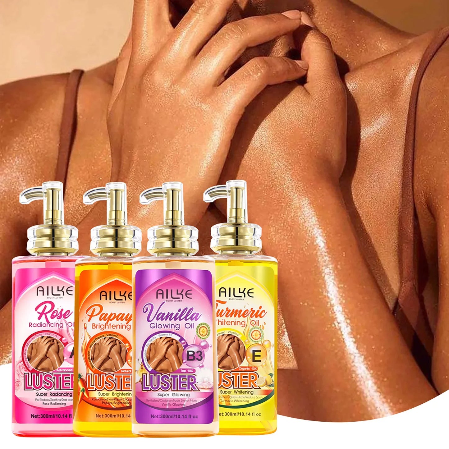 AILKE Skin Glowing Whitening Body Oil – All Skin Types 300ml Peaceful Pleasures Health and Wellness Pack of 4