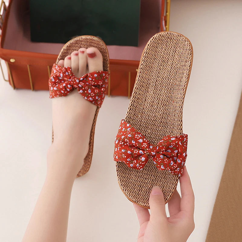 Women's Linen Bow Slippers – Anti-Slip Lightweight Indoor Flats
