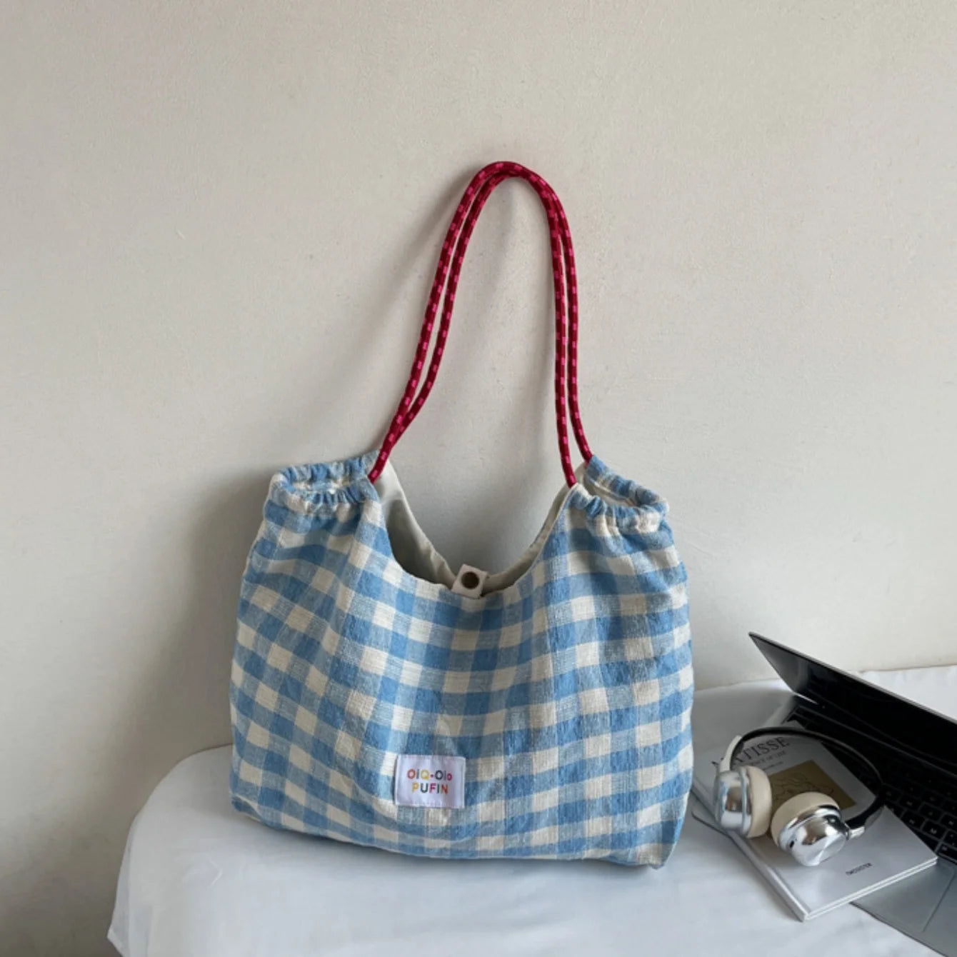 Korean Plaid Canvas Tote Bag – Large Women's Shoulder Handbag