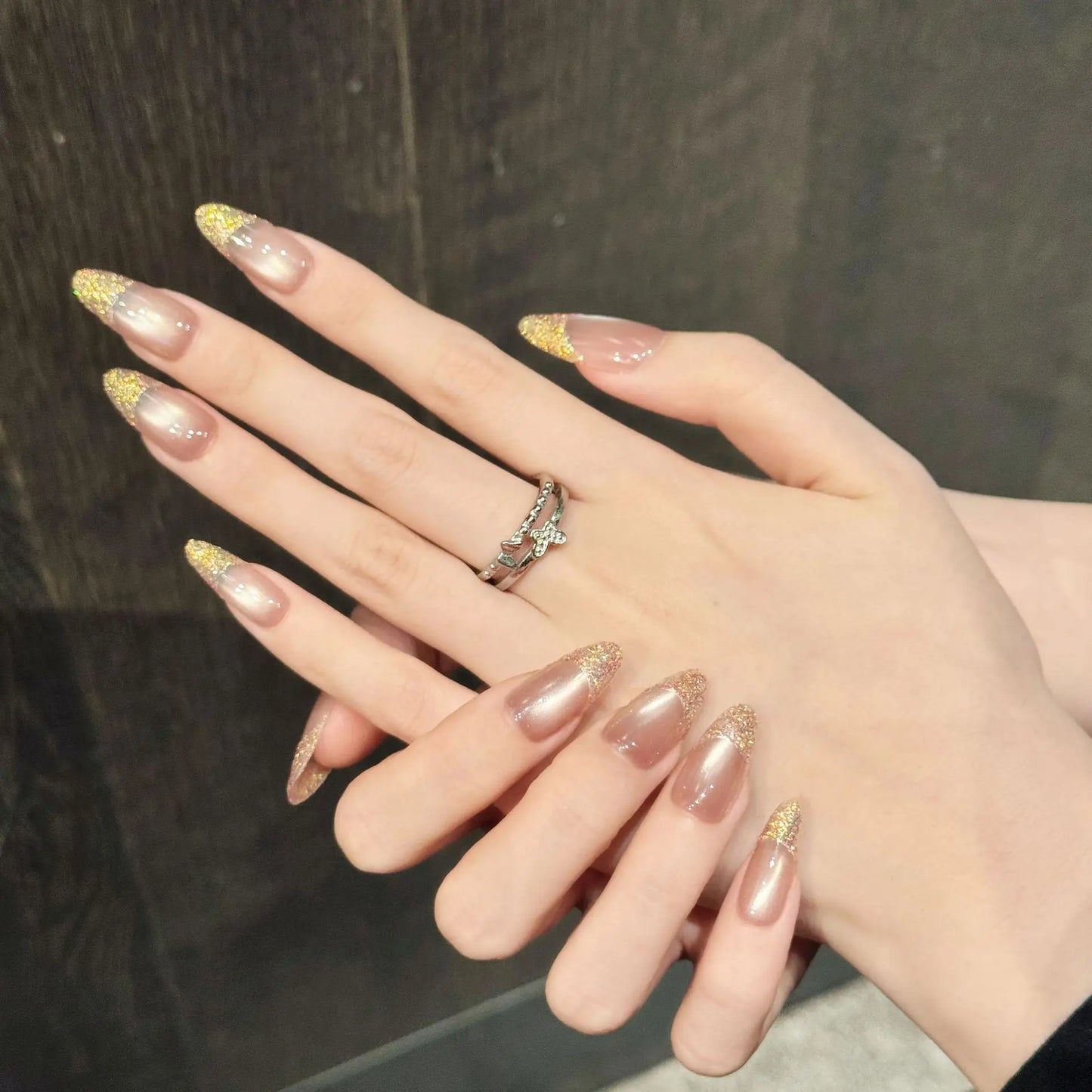 Glitter Cat Eye Press On Nails | Short French Diamond Tips 10pc