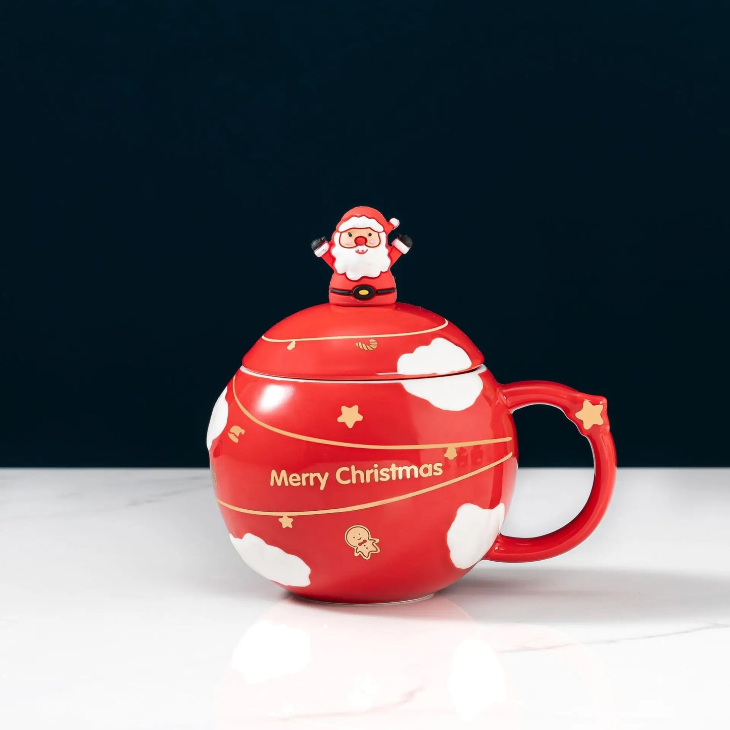 Creative cartoon Santa Claus spherical water cup with lid spoon mug Blue/Red household large-capacity ceramic cup Christmas cups Peaceful Pleasures Health and Wellness red