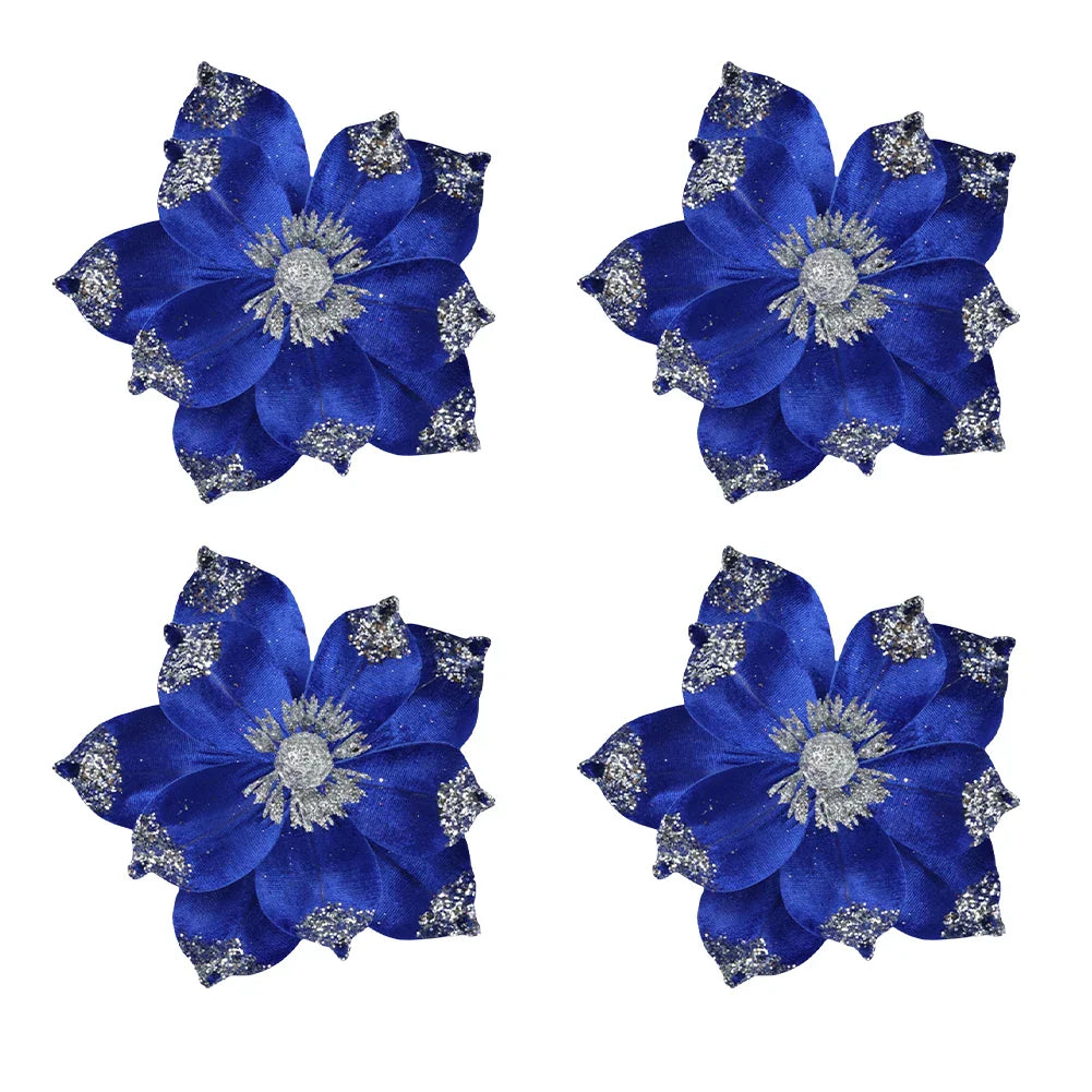 Gold Glitter Christmas Artificial Flowers – Set of 4 | Holiday Decor