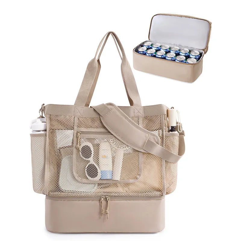 Women's Multi Pocket Beach-Bag With Anti Sand Design Foldable Lightweight Zipper For Travel Peaceful Pleasures Health and Wellness Khaki