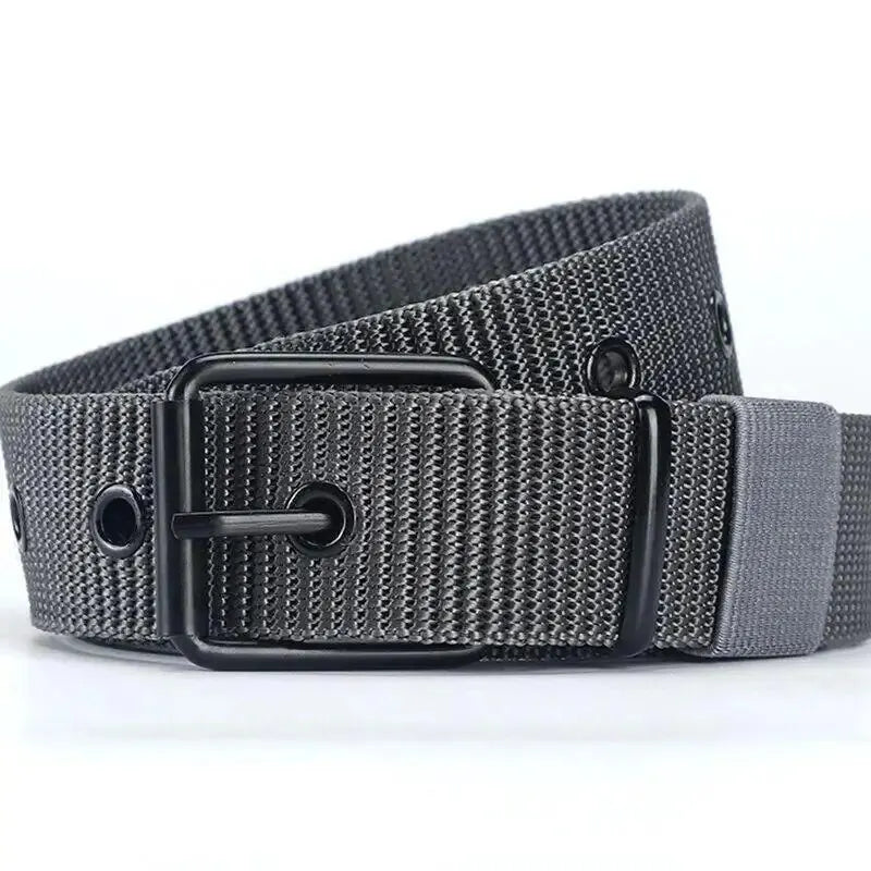 Men's Belt Porous Canvas Pin Buckle Leather Belt Outdoor Sports Belt Women's Trendy Eyelet Belt With Jeans Belt For Men Women Peaceful Pleasures Health and Wellness Grey 120cm