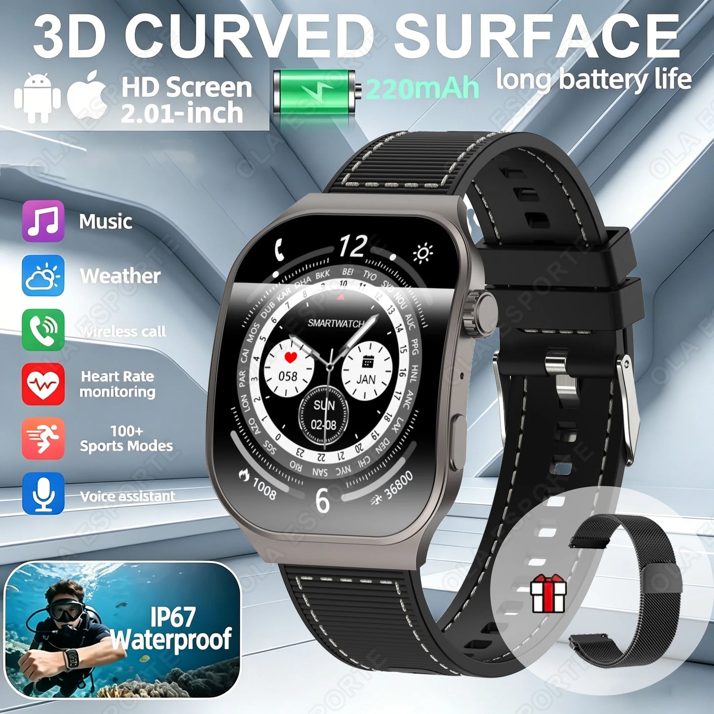 Ola Esporte Bluetooth Smart Watch Men 2.01" HD | Android iOS