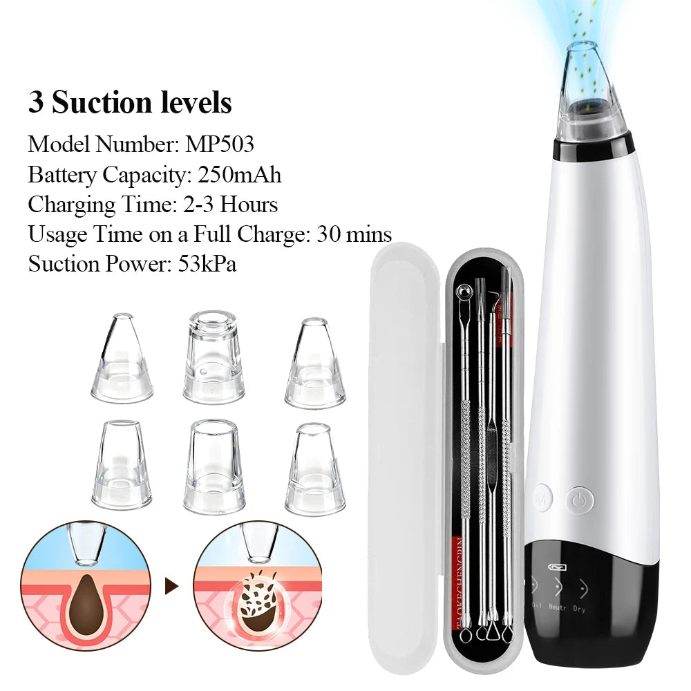 Blackhead Remover Facial Pore Cleaner 3 Suction Power Electric Pimple Acne Extractor Tool Face & Nose Whiteheads Vacuum Removal Peaceful Pleasures Health and Wellness Type 2 SET