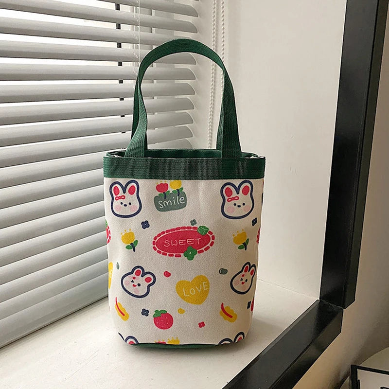 Cute Animal Doodle Canvas Bucket Bag | Cylindrical Lunch Tote