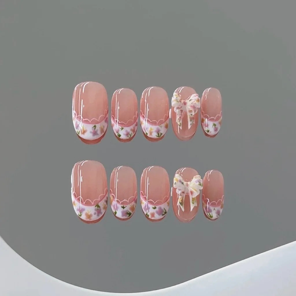 Handmade Pink French Floral Press On Nails | Short Round 10pcs Press On Nails Peaceful Pleasures Health and Wellness L