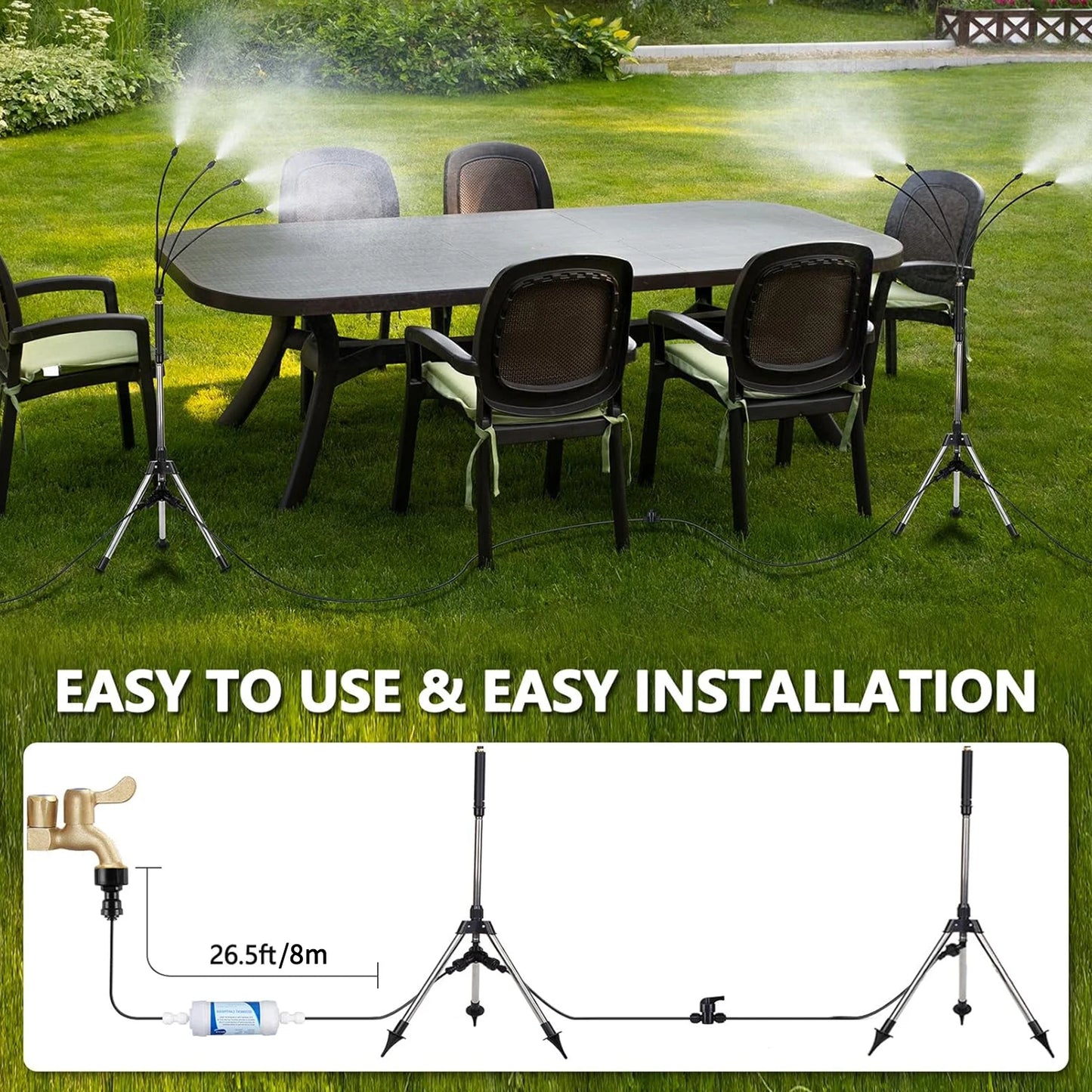 Standing Misters for Outside Patio with Filter - Adjustable Height 3.2-4.1FT Misting System Line 26.5FT Portable Water Misters Peaceful Pleasures Health and Wellness