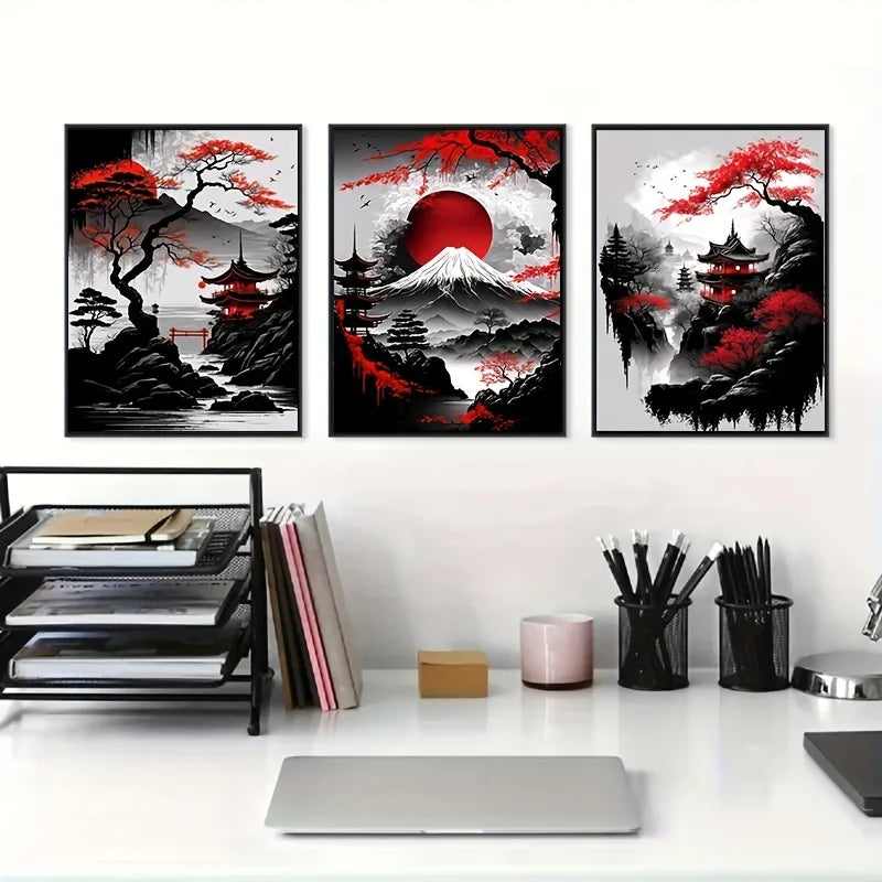Landscape Canvas Painting Black And Red Posters Vintage Ink Art Wall Prints For Living Room Home 3pcs Frameless Japanese Natural Peaceful Pleasures Health and Wellness T80232-90 30x40cm Unframed