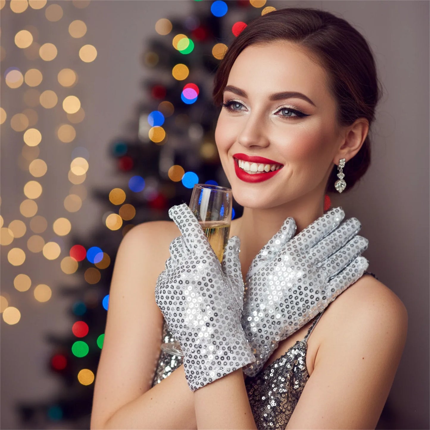 Silver Glitter Mesh Gloves Dance Costume Accessories for Women Party Performance Fashion Handwear Peaceful Pleasures Health and Wellness