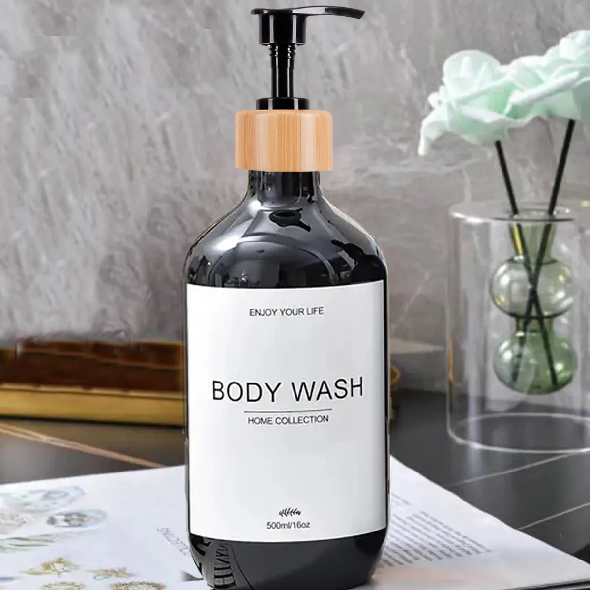 Bathroom Shampoo Dispenser Set 500ml Conditioner Body Wash Bottles Refillable Dispenser Farmhouse Decoration Storage Bottles Peaceful Pleasures Health and Wellness Black-B