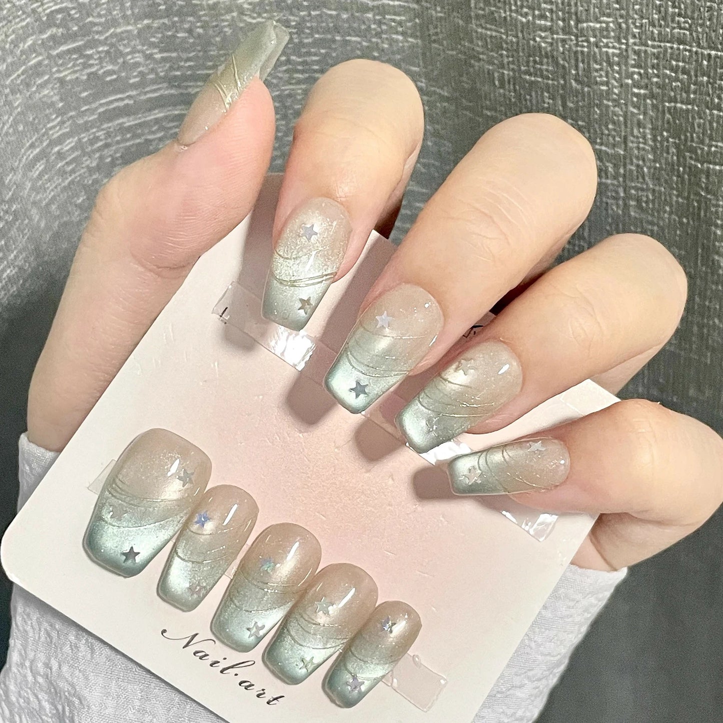 10pcs Handmade Almond Tip Press on Nails Temperament Laser Star Design Fake Nails Detachable Blue Gradient Cat's Eye False Nails Peaceful Pleasures Health and Wellness XS 1