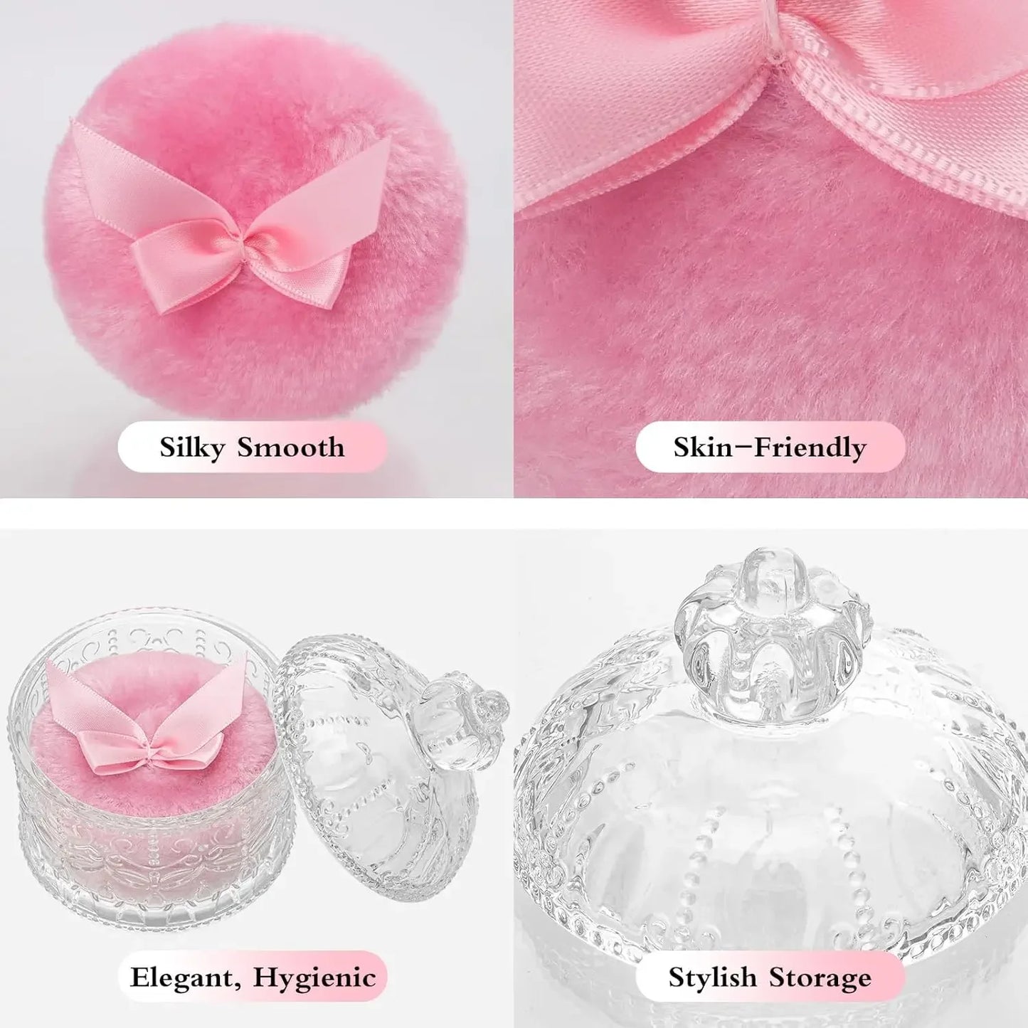 2-Piece Velour Powder Puff Set with Crystal Glass Container, Soft Washable for Face and Body Makeup Peaceful Pleasures Health and Wellness