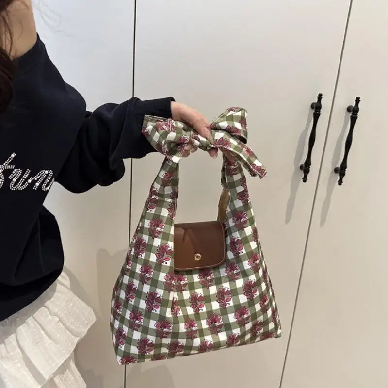 Floral Plaid Canvas Tote Bag – Large Capacity Women's Shoulder