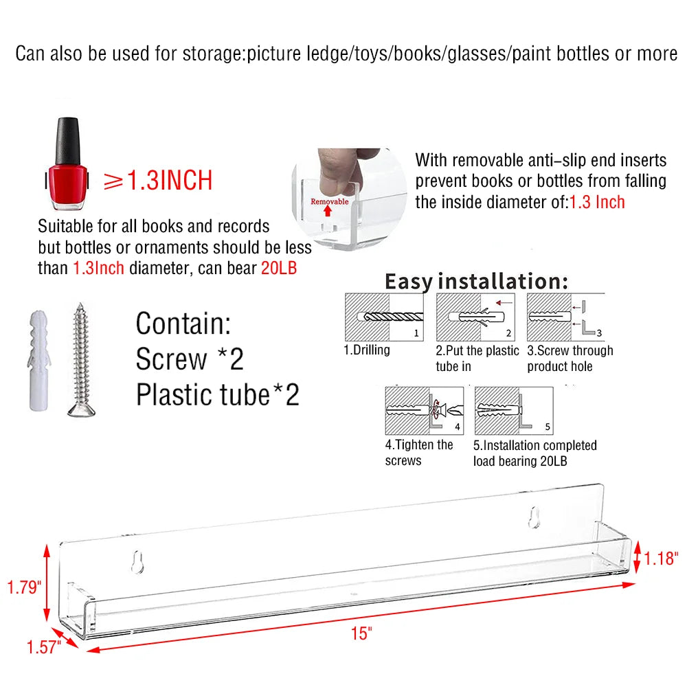 Clear Acrylic Floating Wall Shelf for Books, Makeup & Decor