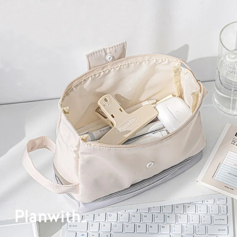 Double-layer Storage Pen Case Simple High Appearance Level Large Capacity Niche Stationery Bag School Supplies Desk Accessories Peaceful Pleasures Health and Wellness White -1pcs