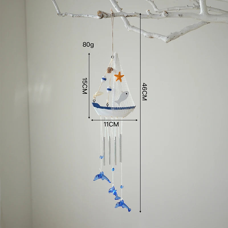 Mediterranean Wooden Sailboat Wind Chime Hanging Ornament