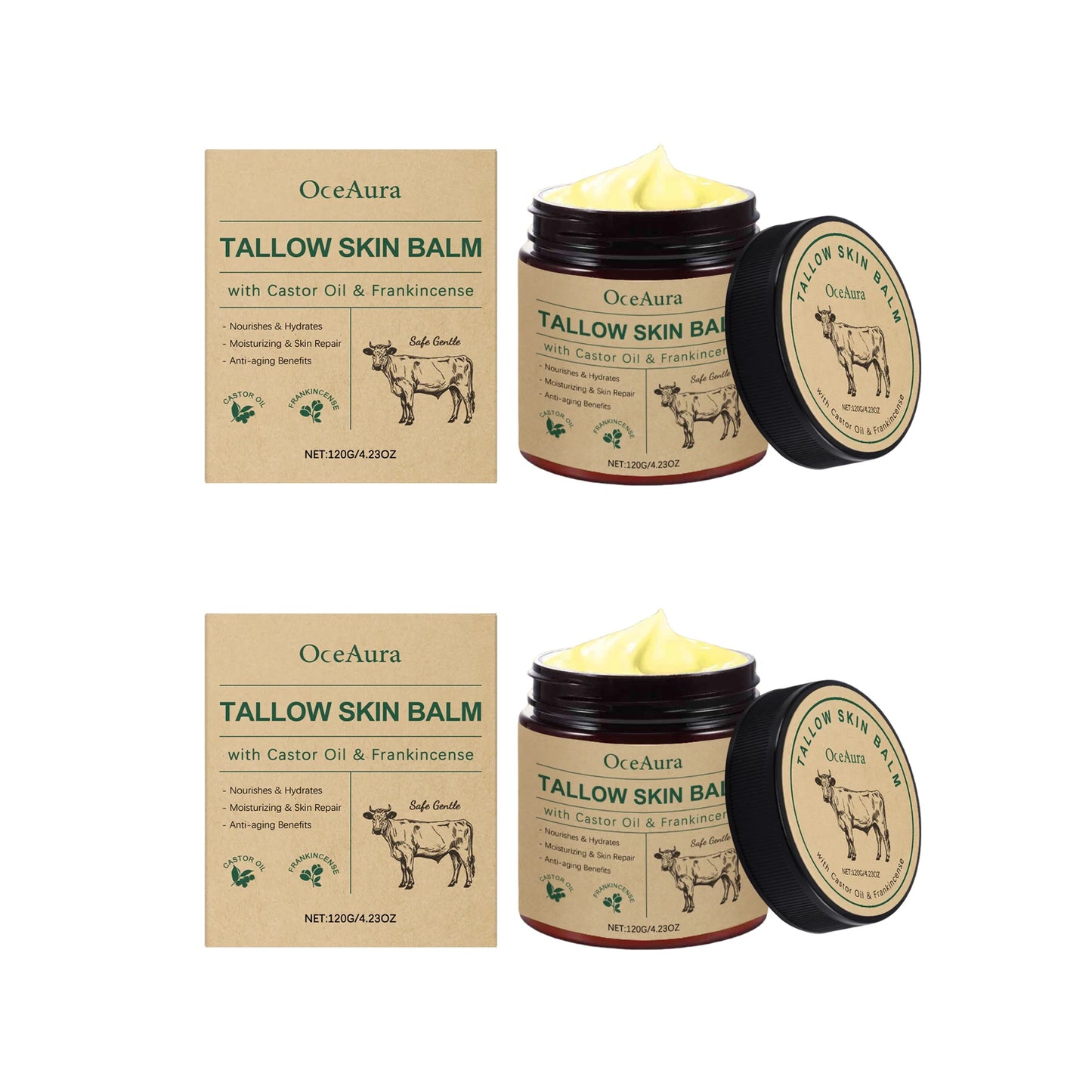 Beef Tallow Moisturizing Balm Wrinkle Remover Brightening Firming Smoothing Repair Fade Fine Lines Soft Facial Nourishing Cream Peaceful Pleasures Health and Wellness 240g boxed