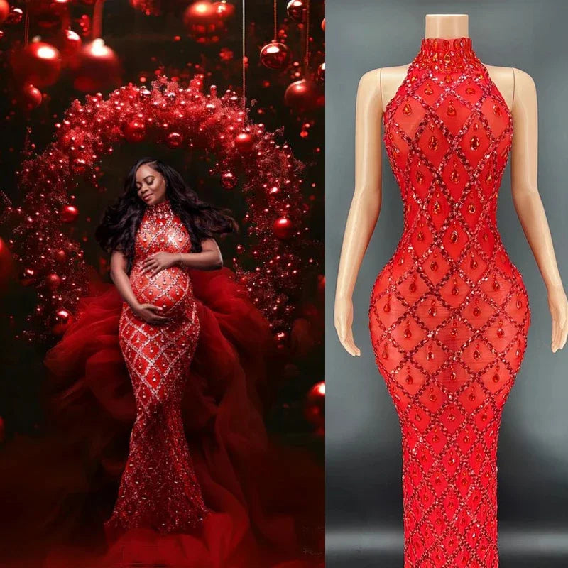 Shiny Rhinestone Women Evening Diamond Dress maternity dresses photoshoot baby shower vestidos para embarazadas فساتين حوامل Peaceful Pleasures Health and Wellness red S