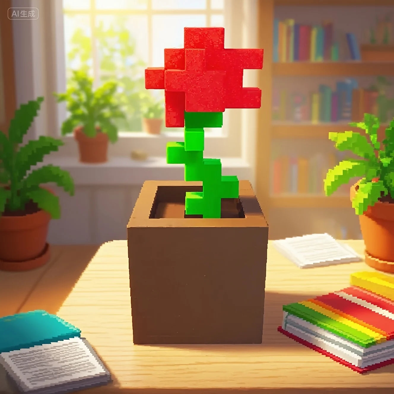 1 Piece Pixel Rose Flower Ornament, 3D Printed Unique Flower Decoration, Plastic Flower Item Suitable for Bedside Table, Desktop, Office Desk Decoration, Furniture Decoration Peaceful Pleasures Health and Wellness