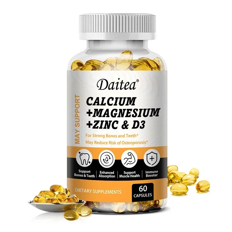 Daitea Calcium Magnesium Zinc Capsules Vitamin D3 helps support bones, teeth, heart, and enhance immune system function. Peaceful Pleasures Health and Wellness 60 count-1bottle