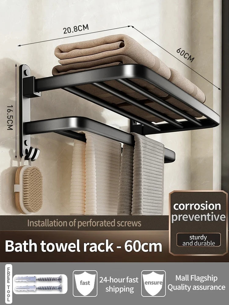 Folding Aluminum Towel Rack with Hook | 50CM & 60CM Grey/Black