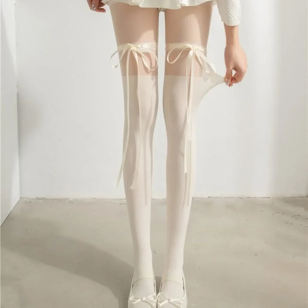 Women's Bowknot High Waist Hollow Pantyhose Thin Tights