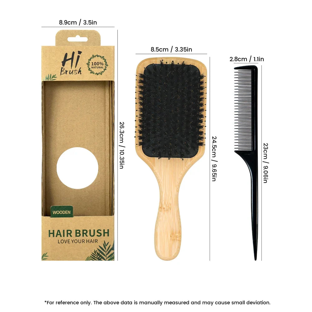 Natural Wooden Hair Brush & Rat Tail Comb Set – 2-in-1