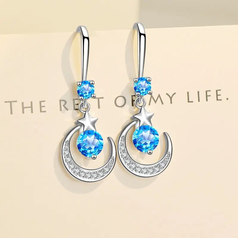 Star & Moon Dangle Earrings | Crystal Drop Pink Blue White